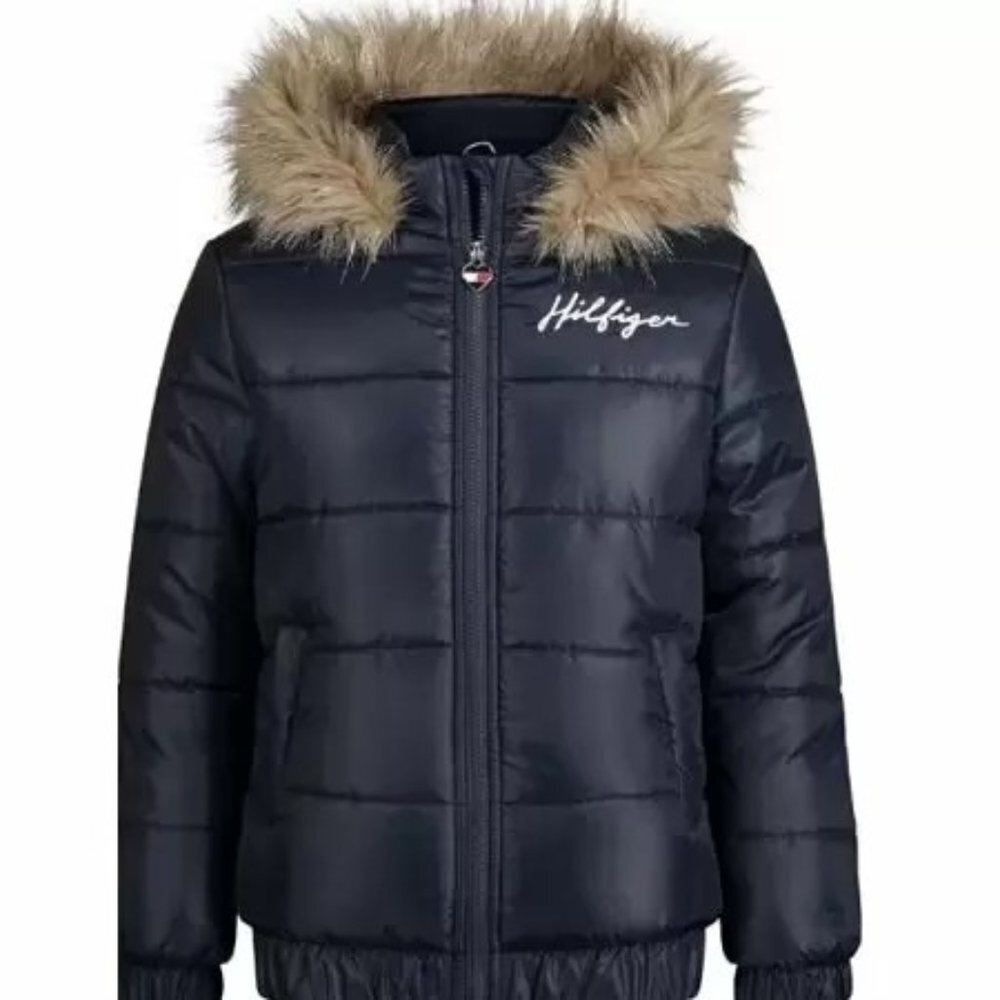 TOMMY HILFIGER Girls Hooded Bomber Quilted Jacket in Navy Size 2T NWT